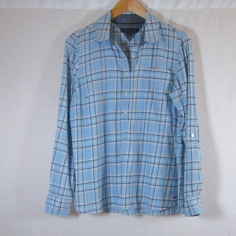 Tommy Hilfiger Womens Blue Plaid Long Sleeve 3/4 Button Down Shirt.Final firm